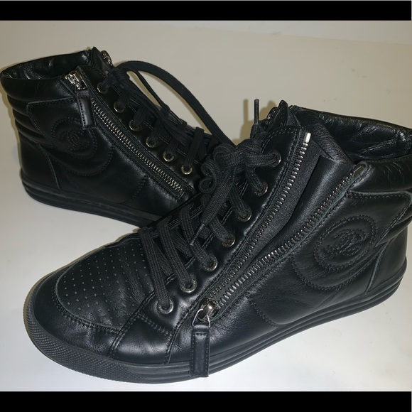 CHANEL Shoes - Authentic CHANEL Black Leather Hightop Sneakers